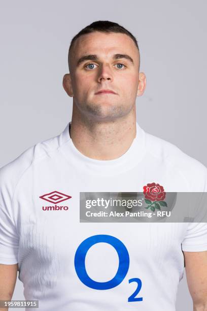 Ben Earl of England poses for a portrait during the England Rugby Squad Photocall at Pennyhill Park on January 23, 2024 in Bagshot, England.