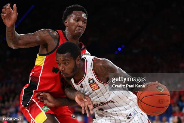 Gary Clark of the Hawks drives to the basket against KDduring the round 17 NBL match between Perth Wildcats and Illawarra Hawks at RAC Arena, on...