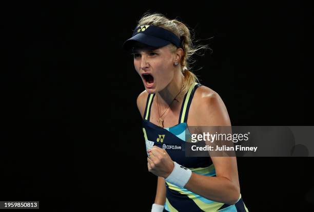 Dayana Yastremska of Ukraine celebrates a point in their Semi Final singles match against Qinwen Zheng of China during the 2024 Australian Open at...