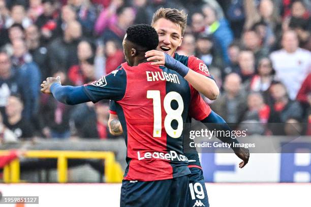 Caleb Ekuban of Genoa celebrates with his team-mate Mateo Retegui after scoring a goal reacts during the Serie A TIM match between Genoa CFC and US...