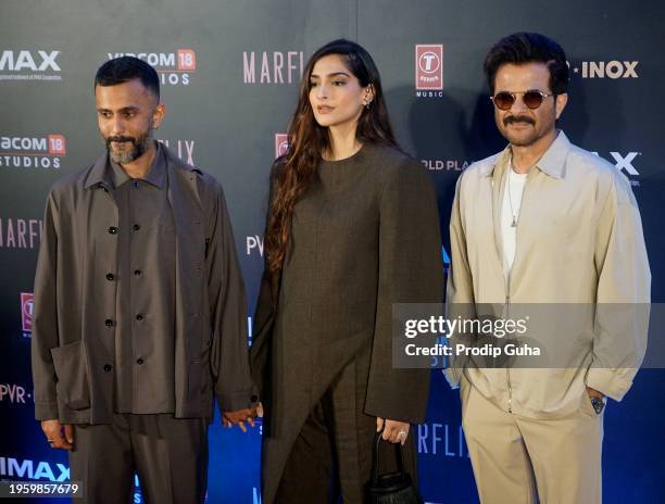 Anand Ahuja, Sonam Kapoor and Anil Kapoor attend the screening of film 'Fighter' on January 25, 2024 in Mumbai, India.