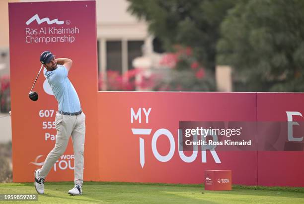 Scott Jamieson of Scotland tees off on the eighth hole on Day One of the Ras Al Khaimah Championship at Al Hamra Golf Club on January 25, 2024 in Ras...