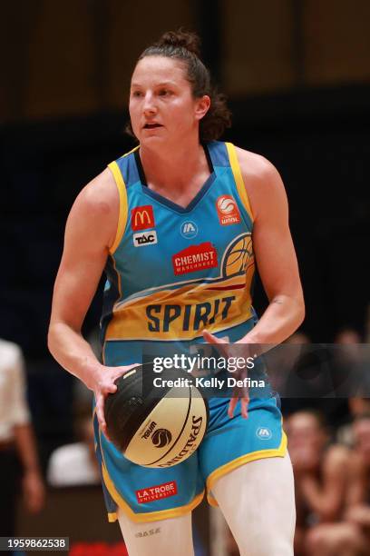 Kelsey Griffin of the Spirit handles the ball during the WNBL match between Bendigo Spirit and UC Capitals at Red Energy Arena, on January 25 in...