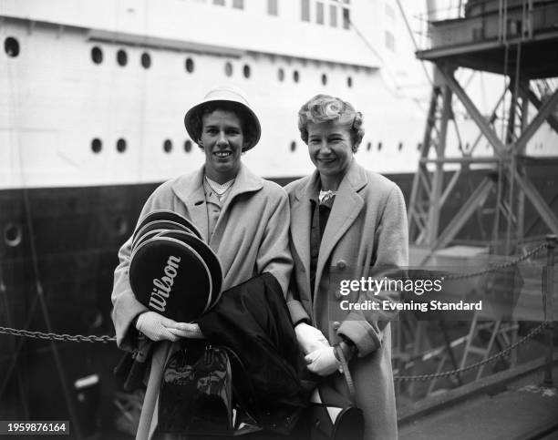 American tennis players Doris Hart and Louise Brough upon their arrival in the UK, 31st May 1955.