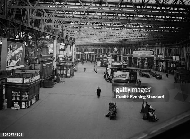 General view of the concourse at Waterloo Station during a strike day, London, UK, 3rd June 1955.