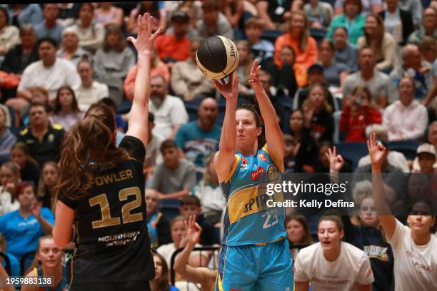 Kelsey Griffin of the Spirit shoots during the WNBL match between Bendigo Spirit and UC Capitals at Red Energy Arena, on January 25 in Bendigo,...