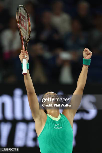 Qinwen Zheng of China celebrates match point in their Semi Final singles match against Dayana Yastremska of Ukraine during the 2024 Australian Open...
