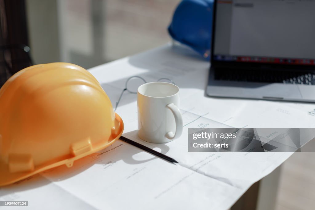 Innovative Workspace: Architectural and Engineering Office Desk Background, Featuring Construction Project Ideas and Drawing Equipment