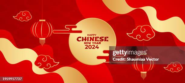 happy chinese new year 2024 year of dragon on red background - chinese currency stock illustrations