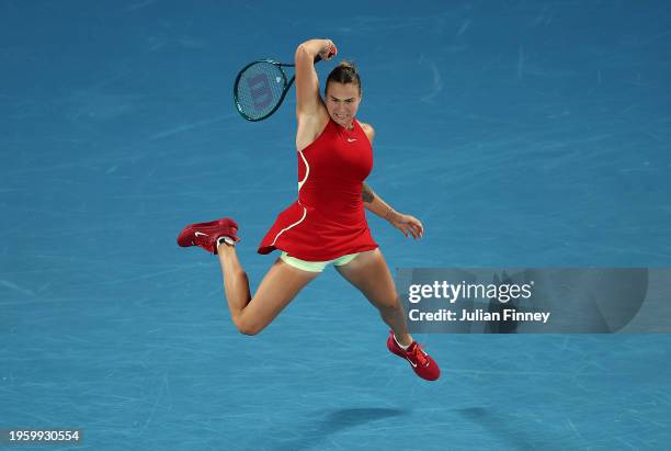 Aryna Sabalenka plays a forehand in their Semi Final singles match against Coco Gauff of the United States during the 2024 Australian Open at...