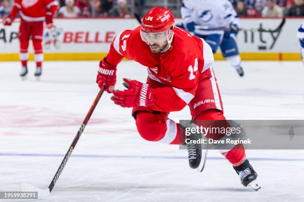 Robby Fabbri of the Detroit Red Wings skates up ice against the Tampa Bay Lightning during the third period at Little Caesars Arena on January 21,...