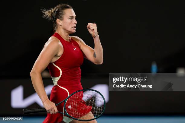 Aryna Sabalenka celebrates a point in their semifinals singles match against Coco Gauff of the United States on day twelve of the 2024 Australian...