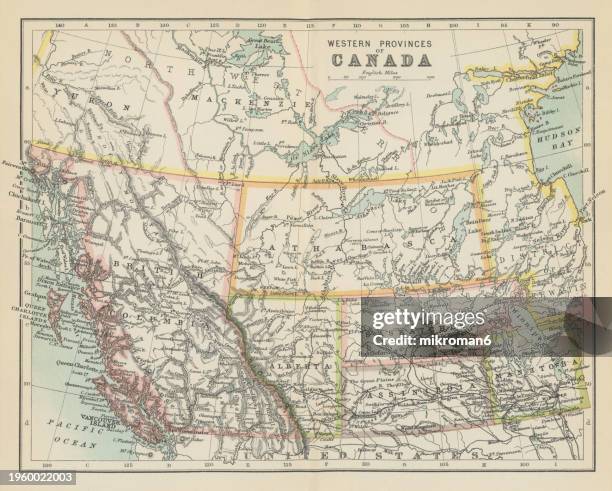 old chromolithograph map of western provinces of canada - north atlantic ocean map stock pictures, royalty-free photos & images