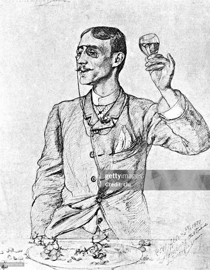 Cheers on the ladies, stylish man with binocle holding a glass in his left hand, looking to the side
