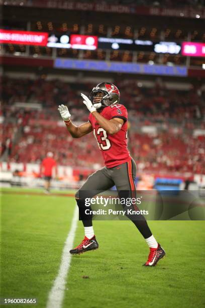 Ross Cockrell of the Tampa Bay Buccaneers in coverage against the New Orleans Saints prior to the game at Raymond James Stadium on December 19, 2021...