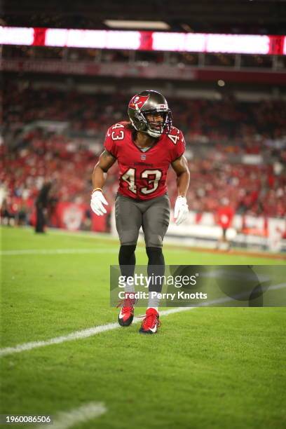Ross Cockrell of the Tampa Bay Buccaneers in coverage against the New Orleans Saints prior to the game at Raymond James Stadium on December 19, 2021...