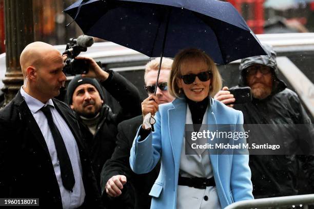 Jean Carroll arrives for her civil defamation trial against former President Donald Trump at Manhattan Federal Court on January 25, 2024 in New York...