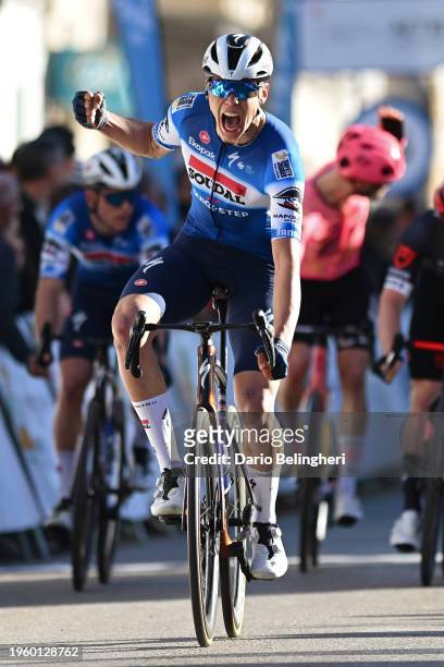 Paul Magnier of France and Team Soudal - Quick Step celebrates at finish line as race winner during the 33rd Challenge Ciclista Mallorca 2024 -...
