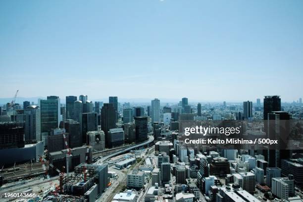 high angle view of modern buildings in city against clear sky - mishima city 個照片及圖片檔