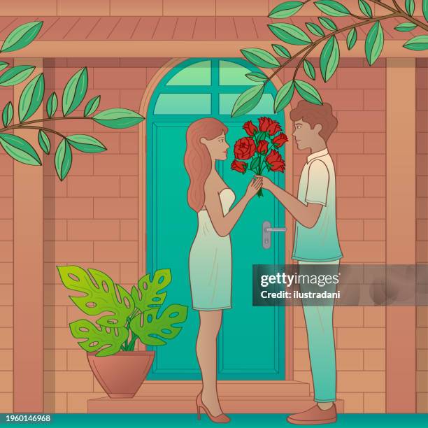 beautiful couple exchanging flowers in front home - first date door stock illustrations