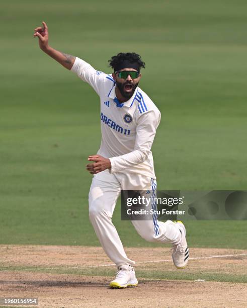 India bowler Ravindra Jadeja appeals during day one of the 1st Test Match between India and England at Rajiv Gandhi International Stadium on January...