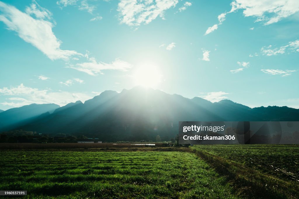 Early Morning Sun Rays Beaming Over A Vibrant Green Mountainous Terrain ...