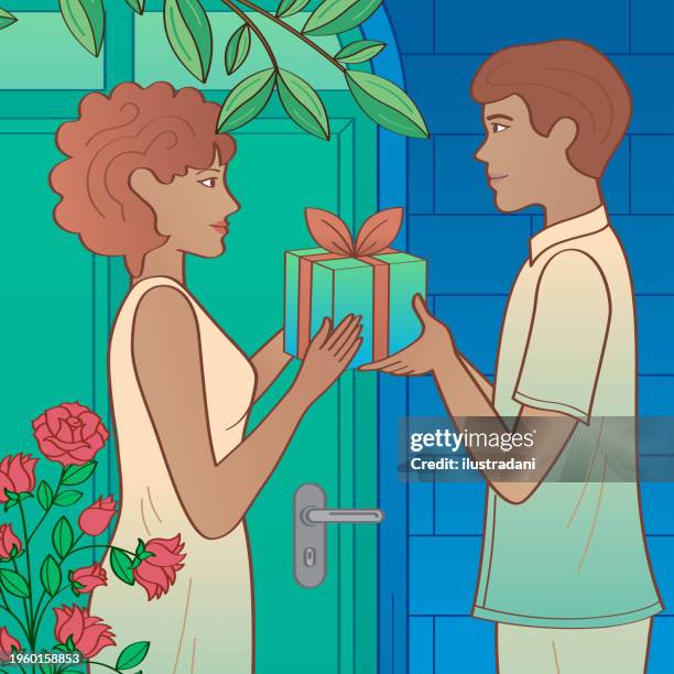 close-up of couple exchanging valentine's day gift - receive flowers stock illustrations