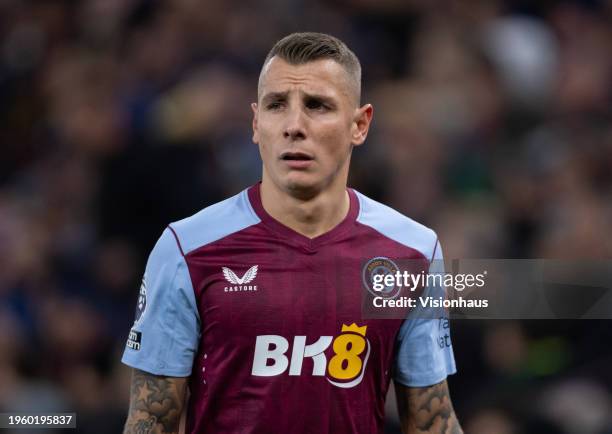 Lucas Digne of Aston Villa during the Premier League match between Aston Villa and Sheffield United at Villa Park on December 22, 2023 in Birmingham,...