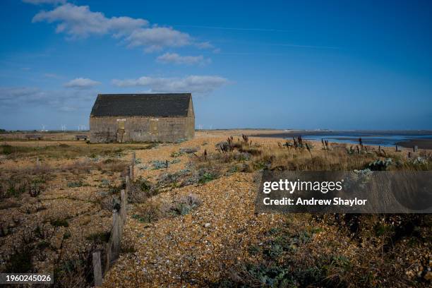 mary stanford boathouse, rye harbour, east sussex. - rye sussex stock pictures, royalty-free photos & images