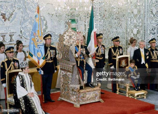 The coronation of Mohammad Reza Pahlavi, the Shah of Iran , and his wife Farah Pahlavi, in Tehran, Iran, October 26th 1967. Seated on the right is...