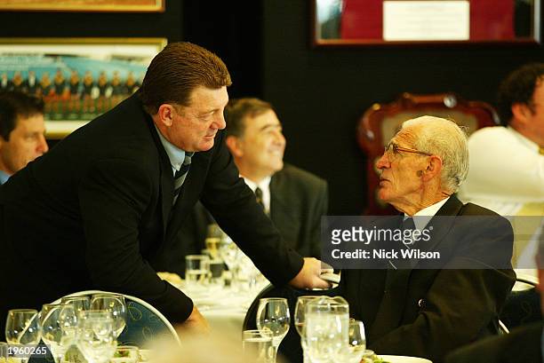 Phil Gould coach of the New South Wales State of Origin Team talks to Leauge legend Frank Hyde during the NRL Representive Launch on April 30, 2003...