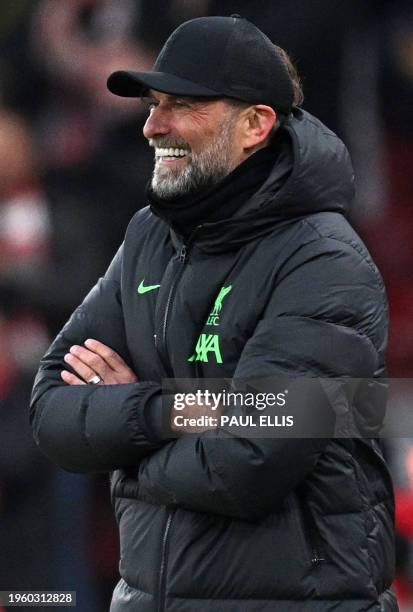 Liverpool's German manager Jurgen Klopp reacts after the team's second goal during the English FA Cup fourth round football match between Liverpool...