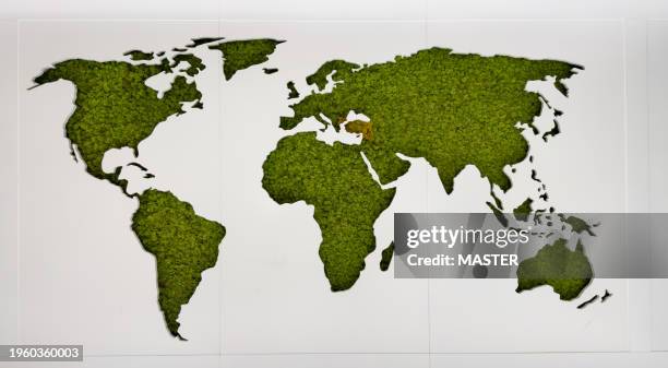 realistic world map made from grass on the wall - realistic illustration stock pictures, royalty-free photos & images