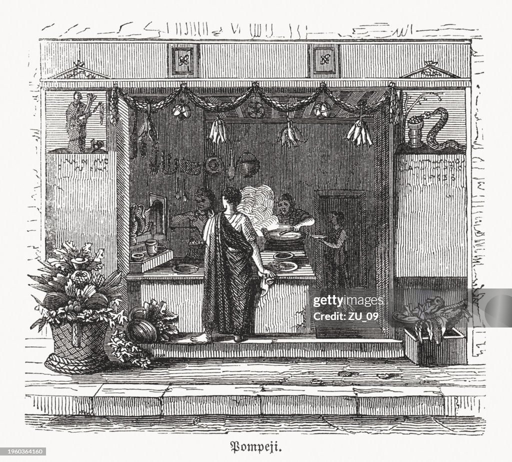 Roman delicatessen cuisine in Pompeii, wood engraving, published in 1869