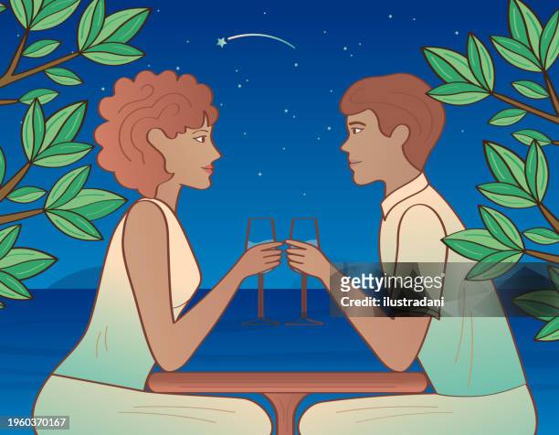 happy young couple date - restaurant happy couple stock illustrations