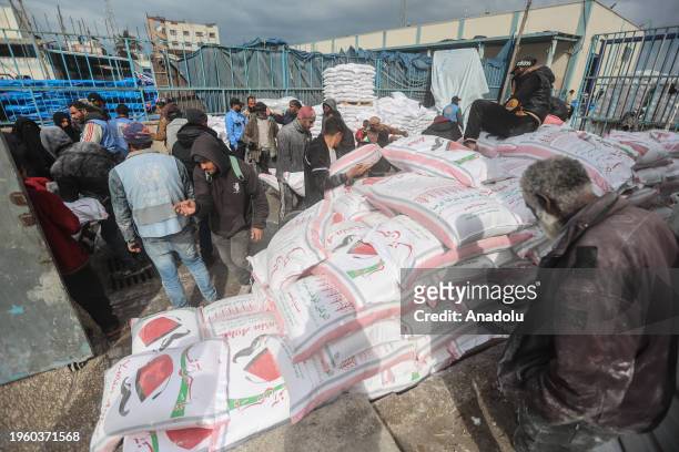 Palestinians, who left their homes and took refuge in Rafah city under hard conditions, carry the flour they received at the area where UNRWA...