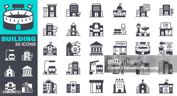 building icons set. solid icon collection. vector graphic elements, icon symbol, business, house, office, bank, school, hotel, shop, university, hospital, park, airport, post office, restaurant - construction logo stock illustrations