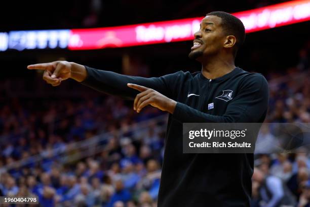 Head coach Kim English of the Providence Friars reacts during the second half of a game against the Seton Hall Pirates at Prudential Center on...