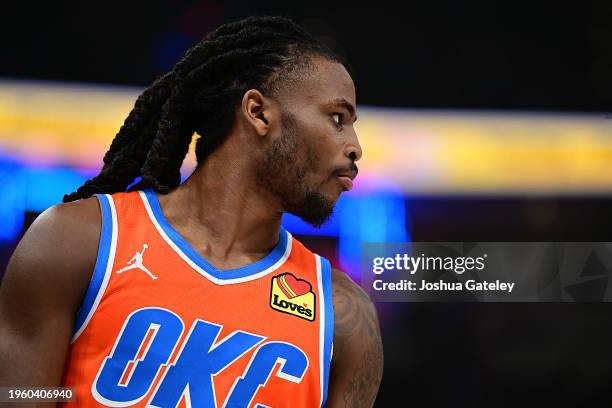 Cason Wallace of the Oklahoma City Thunder during the first half against the Portland Trail Blazers at Paycom Center on January 23, 2024 in Oklahoma...