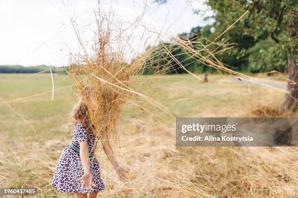 girl throws up dry mowed grass in park - stroh stock-fotos und bilder