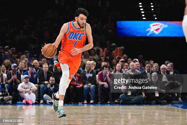Chet Holmgren of the Oklahoma City Thunder handles the ball during the first half against the Portland Trail Blazers at Paycom Center on January 23,...