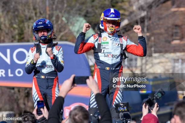 Thierry Neuville and Martijn Wydaeghe of the Hyundai Shell Mobis World Rally Team are competing in the Hyundai i20 N Rally1 Hybrid during the final...