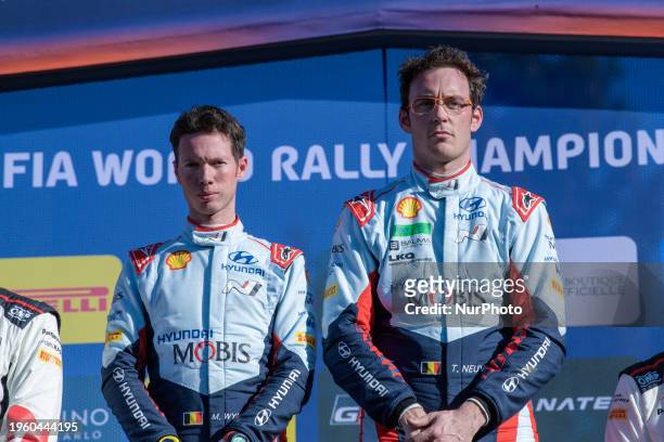 Thierry Neuville and Martijn Wydaeghe of the Hyundai Shell Mobis World Rally Team are competing in the Hyundai i20 N Rally1 Hybrid during the final...