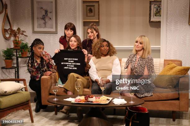 Episode 1854 -- Pictured: Punkie Johnson, Sarah Sherman, Heidi Gardner, Chloe Fineman, Ego Nwodim and host Dakota Johnson during the "Book Club"...