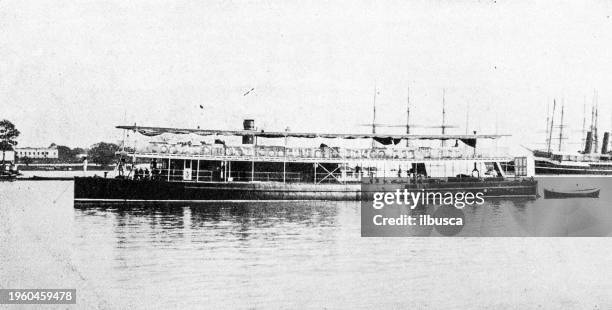 people and landmarks of india in 1895: "kiran", river boat - steam liner stock illustrations
