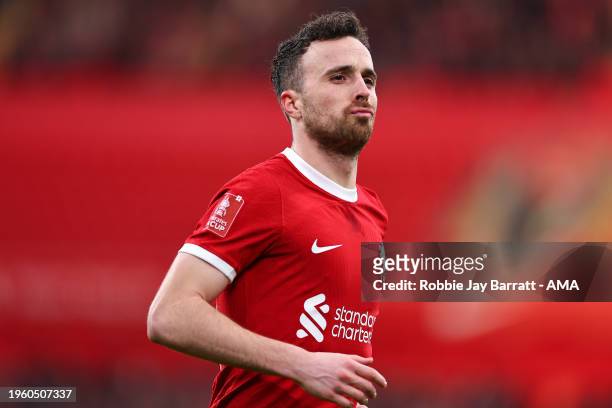 Diogo Jota of Liverpool celebrates after scoring a goal to make it 3-1 during the Emirates FA Cup Fourth Round match between Liverpool and Norwich...