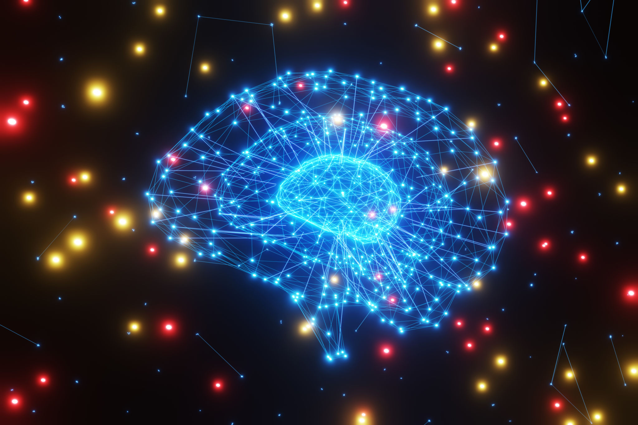 Network of mesh lines forming brains of different sizes in dark background with red and yellow glowing particles. Illustration of the concept of artificial intelligence, ideas and creativity Network of mesh lines forming brains of different sizes in dark background with red and yellow glowing particles. Illustration of the concept of artificial intelligence, ideas and creativity
