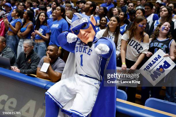 The mascot of the Duke Blue Devils poses for a photo prior to the game against the Clemson Tigers at Cameron Indoor Stadium on January 27, 2024 in...