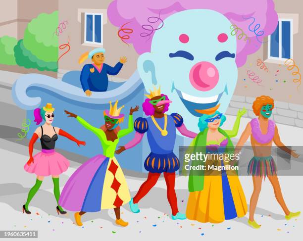 majestic mardi gras extravaganza, royalty, revelry, and carnival delights - parade stock illustrations