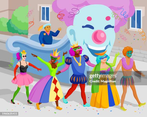 majestic mardi gras extravaganza, royalty, revelry, and carnival delights - folk style clothing stock illustrations